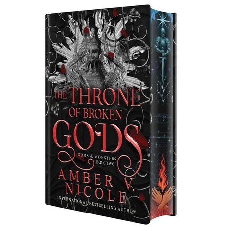 „The Throne of Broken Gods“, „Gods & Monsters Book Two“, „Amber V. Nicole“. Mystischer, dunkler Buchumschlag.