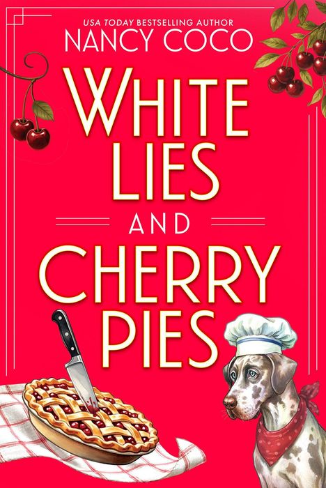 "Cover to be revealed soon!" "WHITE LIES AND CHERRY PIES by Nancy Coco" auf blauem Hintergrund, Logo am unteren Rand.