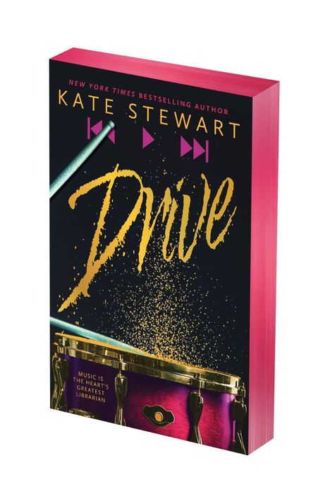 Text: "Cover to be revealed soon! DRIVE by Kate Stewart." Schwarzer Hintergrund mit weiß-blauem Logo unten.