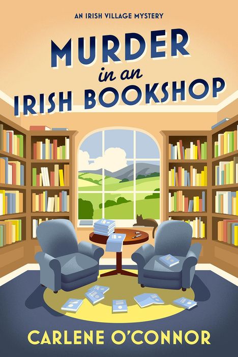 Text: "Murder in an Irish Bookshop" und "Carlene O'Connor". Illustration: Gemütlicher Buchladen mit Sesseln, Bücherregalen und Katze.