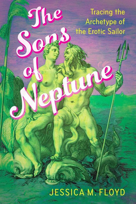 "The Sons of Neptune" in großer, stilisierter Schrift; zwei Figuren auf Fischen, eine hält einen Dreizack, umgeben von Wasser.