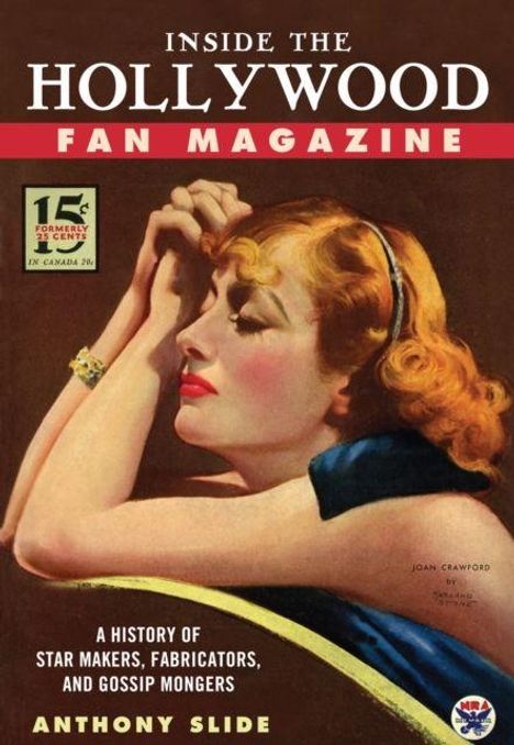 "INSIDE THE HOLLYWOOD FAN MAGAZINE", Preisangabe, Frau mit rotem Lippenstift in stilisierter Illustration.