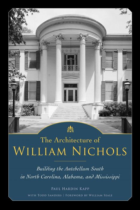 "The Architecture of William Nichols" in goldener Schrift auf blauem Hintergrund, darunter ein historisches Gebäude mit Säulen.