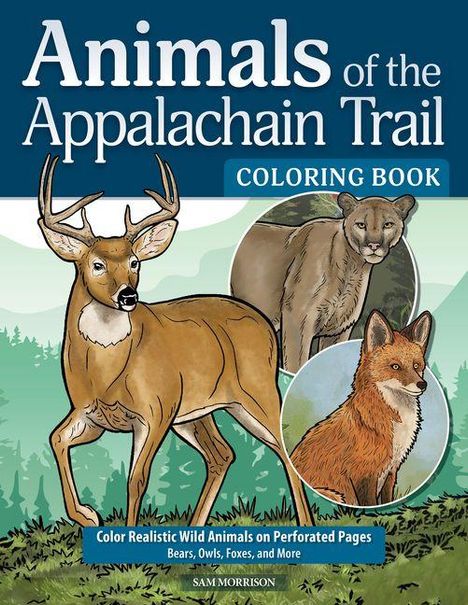 "Animals of the Appalachian Trail Coloring Book" zeigt Hirsch, Puma, Fuchs in einem Waldhintergrund, darin kreisförmig hervorgehoben.
