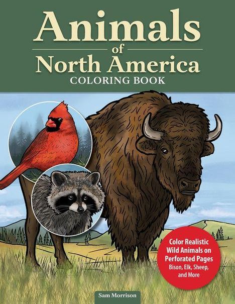 "Animals of North America Coloring Book" zeigt Bison, roten Kardinal und Waschbär, mit Text über ausmalbare Wildtiere.
