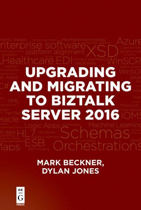 Text: "Upgrading and Migrating to BizTalk Server 2016 – Mark Beckner, Dylan Jones". Hintergrund in Rottönen mit IT-Begriffen.