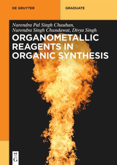 Text: "Organometallic Reagents in Organic Synthesis". Großes Flammenbild auf schwarzem Hintergrund.