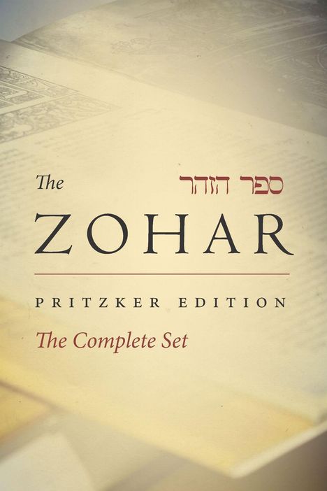 „The Zohar“, „Pritzker Edition“, „The Complete Set“. Der Hintergrund zeigt ein Buch mit hebräischen Texten.