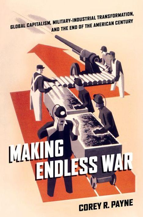 "Making Endless War" von Corey R. Payne. Industriearbeiter bedienen Maschinen, die Rohre bearbeiten. Vintage-Stil.