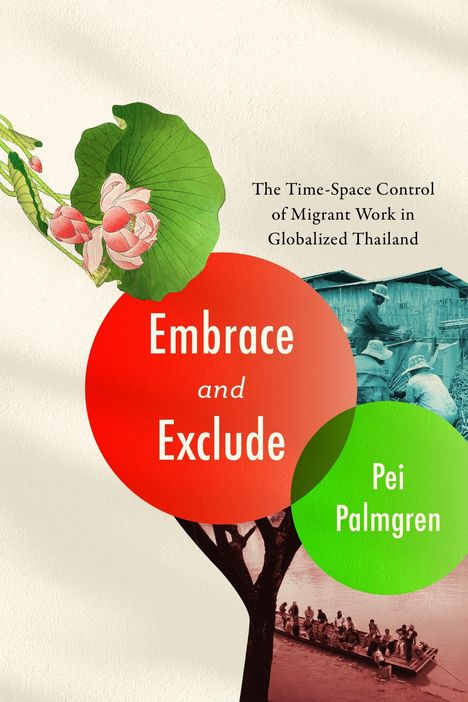 "Embrace and Exclude" von Pei Palmgren. Illustration mit Blumen, Kreisen und Fotos von Arbeitern.