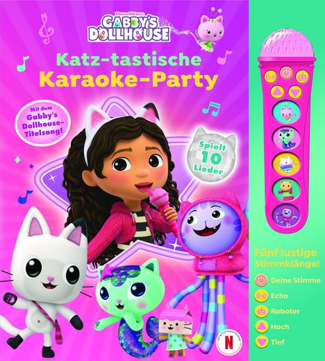 Gabby's Dollhouse - Katz-tastische Karaoke Party - Mikrofonbuch - Pappbilderbuch mit abnehmbarem Mikrofon mit 5 Stimmklängen und 10 Melodien, Buch