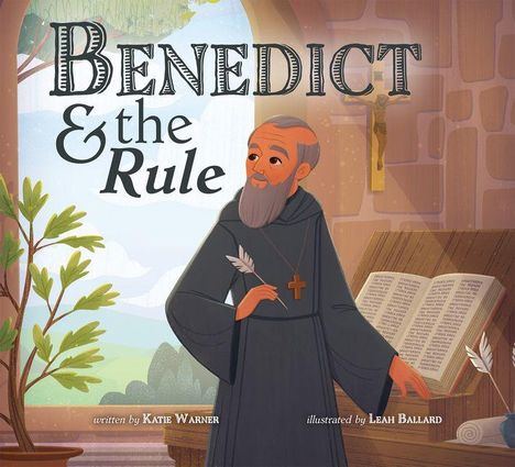 „Benedict & the Rule“. Ein Mönch mit Bart steht drinnen, hält eine Feder und blickt nachdenklich zur Seite.