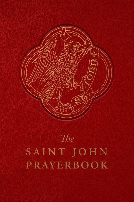"The Saint John Prayerbook" in goldener Schrift auf rotem Hintergrund, mit einem Adler-Emblem darüber.