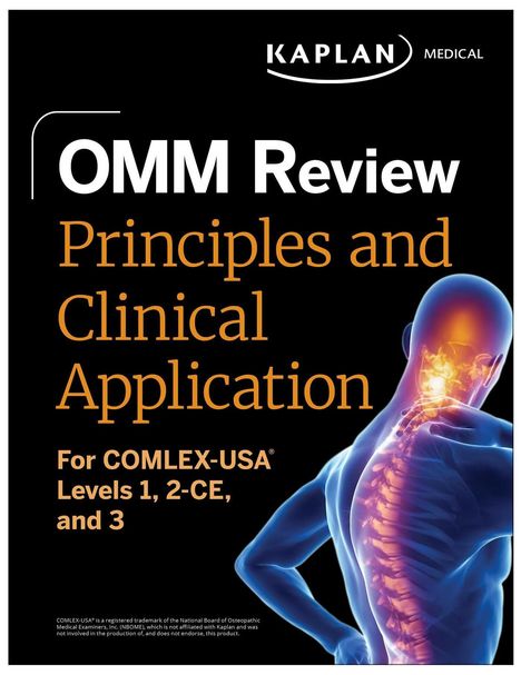 Text: "OMM Review: Principles and Clinical Application. For COMLEX-USA® Levels 1, 2-CE, and 3." Logo oben. Menschliche Wirbelsäule.