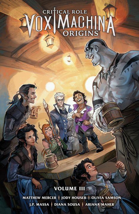 Fantasy-Illustration: Sieben Charaktere in mittelalterlicher Kleidung feiern in einer hölzernen Taverne.