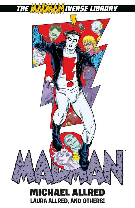 "The Madmaniverse Library" zeigt einen Superhelden in einem dynamischen Zickzack-Hintergrund voller Charaktere.