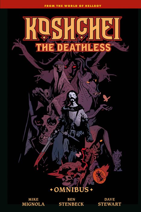 "Koshchei The Deathless" und "Omnibus". Illustration eines Kriegers, umgeben von düsteren Kreaturen.