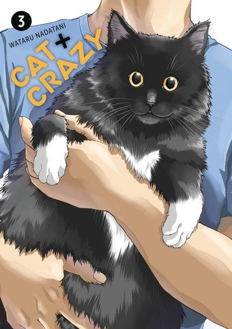 Oben steht "WATARU NADATANI CAT + CRAZY 3". Illustration: Eine Person hält eine schwarz-weiße, flauschige Katze.