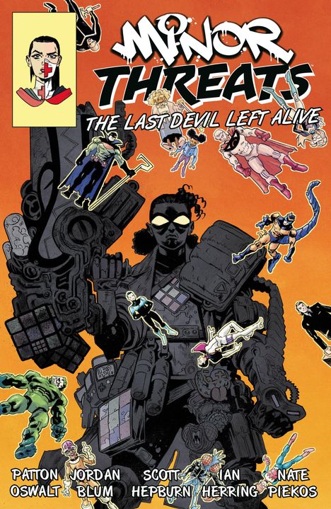 "Minor Threats: The Last Devil Left Alive" oben, viele Comicfiguren schweben um eine große, bewaffnete Figur.
