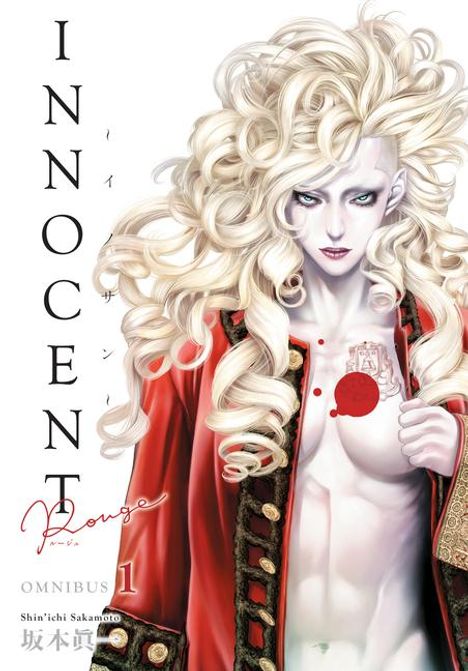 Text: "INNOCENT ROUGE OMNIBUS 1 Shin'ichi Sakamoto". Illustration einer Person mit langen, lockigen, blonden Haaren in roter Jacke.