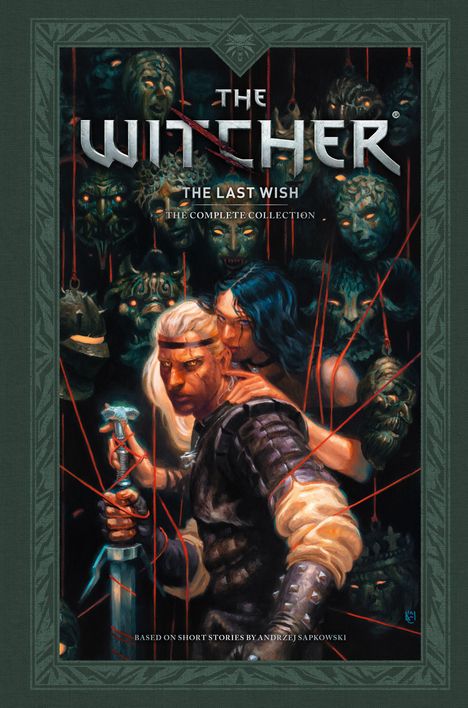 "The Witcher: The Last Wish - The Complete Collection." Illustration: Ein weißhaariger Krieger und Frau, umgeben von Masken.