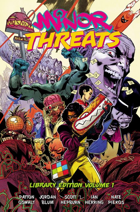 „Minor Threats“ und „Library Edition Volume 1“. Dynamische Comic-Illustration mit verschiedenen bunten Figuren.