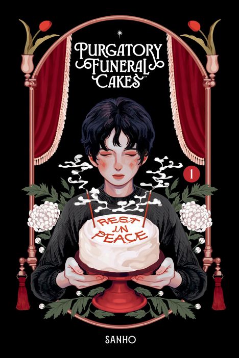 "Purgatory Funeral Cakes", "Rest in Peace". Illustration: Person hält Torte mit Dampf und Blumen, umrahmt von roten Vorhängen.