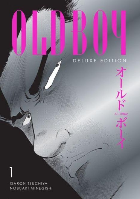 Text: "OLDBOY DELUXE EDITION" und japanische Schriftzeichen. Illustration eines ernsten Mannesgesichts in Schwarzweiß.