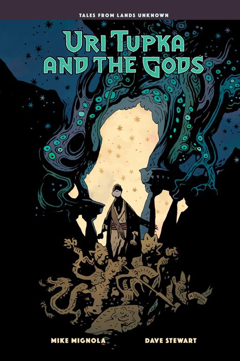 Die Illustration zeigt "Uri Tupka and the Gods", mit einem zentralen Charakter in einer mystischen Landschaft umgeben von Kreaturen.