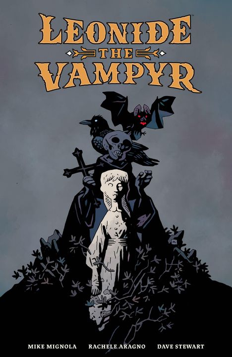 Text: "LEONIDE THE VAMPYR". Illustration eines weißen Kindes vor einer dunklen Gestalt mit Rabe, Totenkopf, Fledermaus.