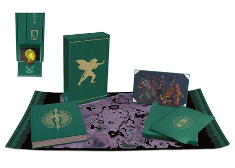 Ein grünes Set mit Goldmotiven, darunter ein Boxdesign mit einer Figur, eine Karte und ein Kunstwerk mehrerer Charaktere.