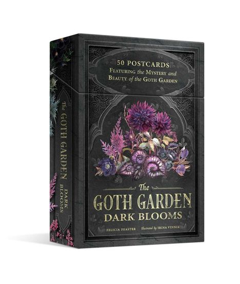"50 Postcards Featuring the Mystery and Beauty of the Goth Garden". Dunkles Design mit violetten und rosa Blumenillustration.