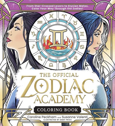 „The Official Zodiac Academy Coloring Book“ steht in der Mitte, darunter die Autoren. Links und rechts Profilzeichnungen von Frauen.