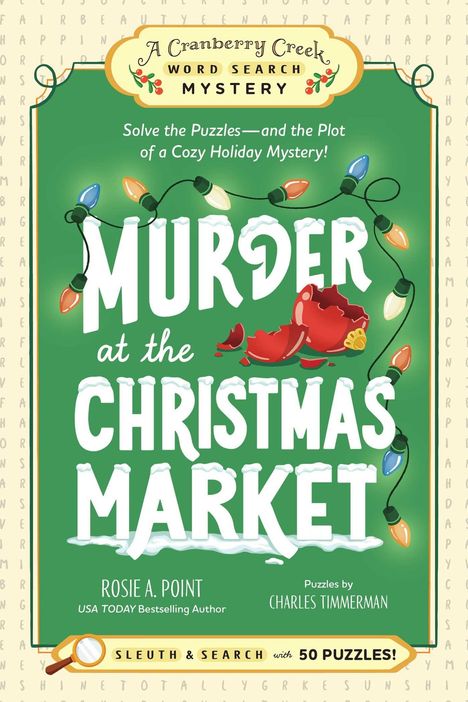 Titel: Murder at the Christmas Market. Bunte Lichterketten und Schneemotive verzieren den Hintergrund.