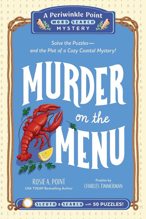 Im Zentrum steht "Murder on the Menu", darunter ein Hummer und Zitronenscheiben; es ist eine Buchabdeckung.