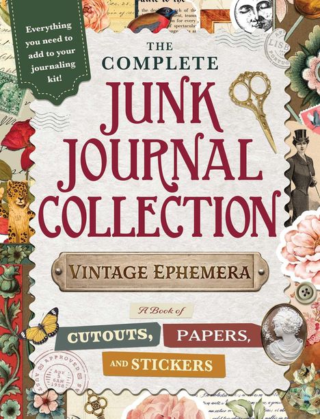 "Everything you need to add to your journaling kit" steht auf einem grünen Schild. Viele bunte Vintage-Elemente.