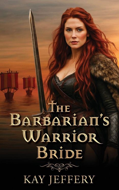 "The Barbarian's Warrior Bride" und "Kay Jeffery". Eine rothaarige Frau in Rüstung mit Schwert, Schiffe im Hintergrund.