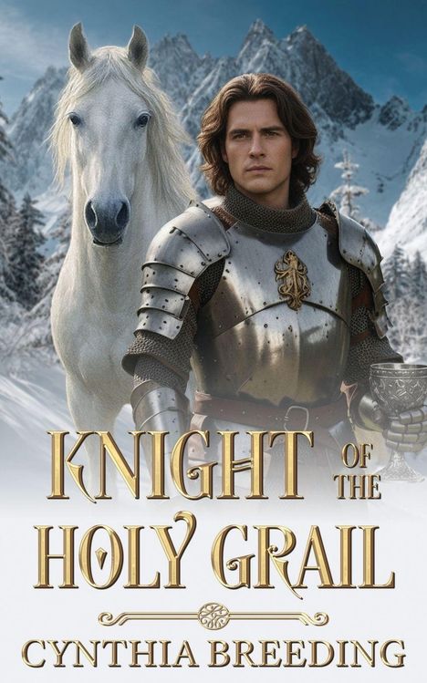 "KNIGHT OF THE HOLY GRAIL", darunter "CYNTHIA BREEDING". Ein Ritter in Rüstung hält einen Kelch, neben ihm ein weißes Pferd.