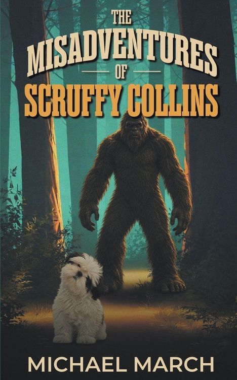 "The Misadventures of Scruffy Collins" und "Michael March". Ein flauschiger Hund und eine Bigfoot-ähnliche Figur in einem Wald.