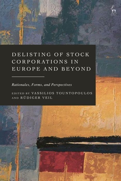 "Delisting of Stock Corporations in Europe and Beyond" über abstraktem Gemälde in Blau-, Gelb- und Orangetönen.