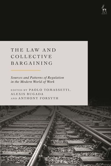 "The Law and Collective Bargaining" oben, Details unten. Im Hintergrund Eisenbahnschienen in schwarz-weiß.