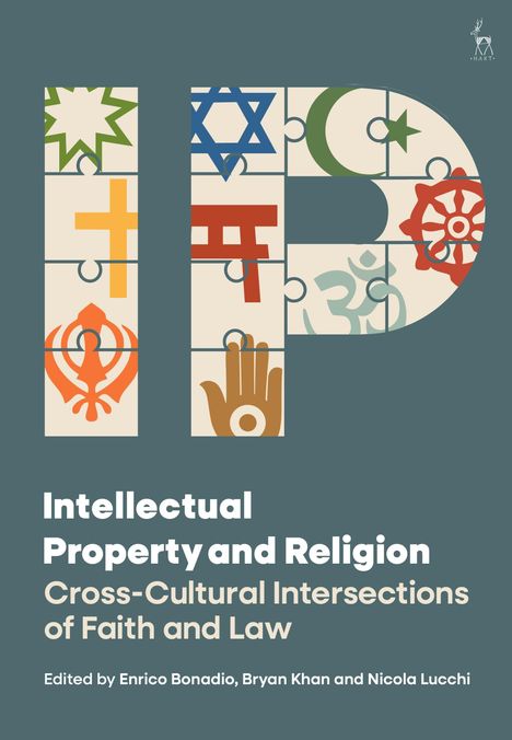 "Intellectual Property and Religion. Cross-Cultural Intersections of Faith and Law." Buchstaben "IP" mit religiösen Symbolen.