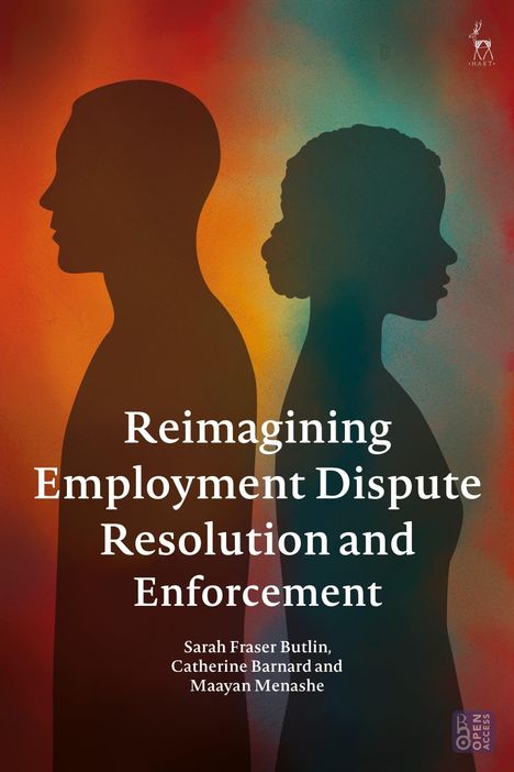 "Reimagining Employment Dispute Resolution and Enforcement" steht in weißer Schrift auf einer bunten Illustration von zwei Profilen.