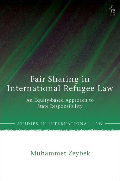 "Fair Sharing in International Refugee Law", ein Buch von Muhammet Zeybek. Grüner Hintergrund, Hirsch-Logo oben.