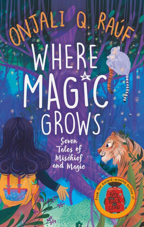 Text: "WHERE MAGIC GROWS." Illustration: Ein Kind mit Rucksack, ein Tiger, ein Lemur in einem magischen Wald.