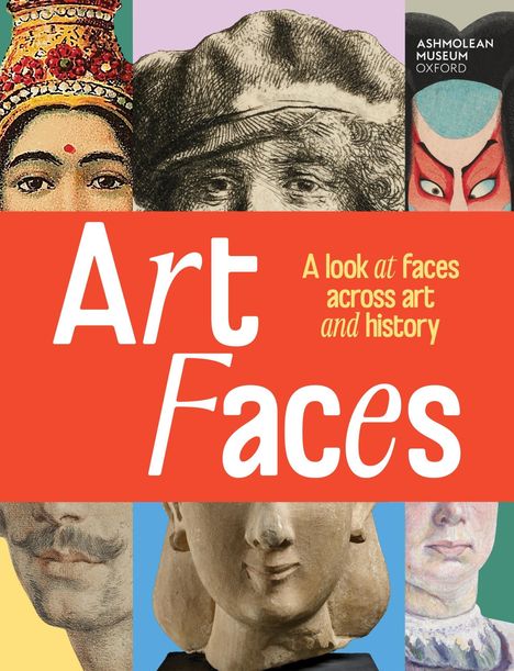 Text: "Art Faces: A look at faces across art and history." Verschiedene Gesichtsdarstellungen in einer Illustration.