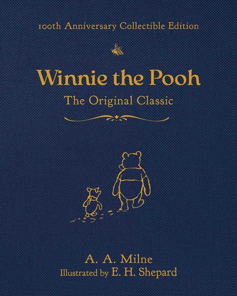 "Winnie the Pooh: The Original Classic" steht in goldener Schrift auf dunkelblauem Hintergrund, darunter eine Illustration.
