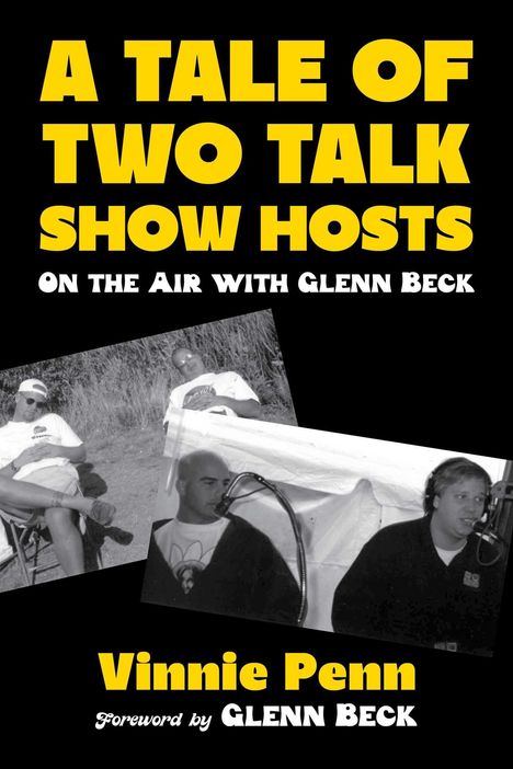 "A TALE OF TWO TALK SHOW HOSTS" steht groß oben, "On the Air with Glenn Beck" darunter. Fotos von Menschen beim Sprechen.