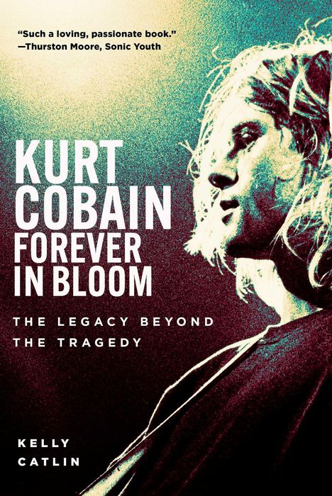 Der Text oben: „Such a loving, passionate book.“ Unten: Titel eines Buchs über Kurt Cobain, die Tragödie überwindend.
