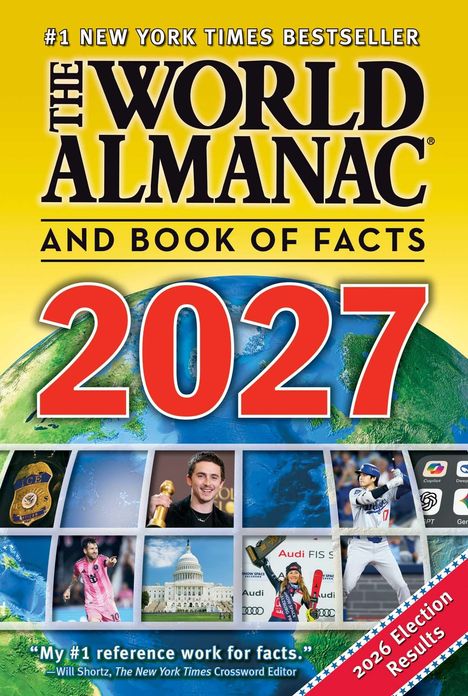 „#1 New York Times Bestseller“, „The World Almanac and Book of Facts 2027“. Bilder von Erde, Sport, Kapitol.